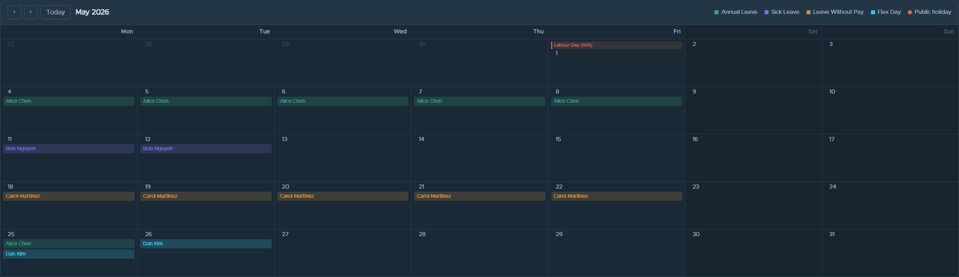 A team leave calendar in xytana flow, one of the shared building blocks processes are assembled from